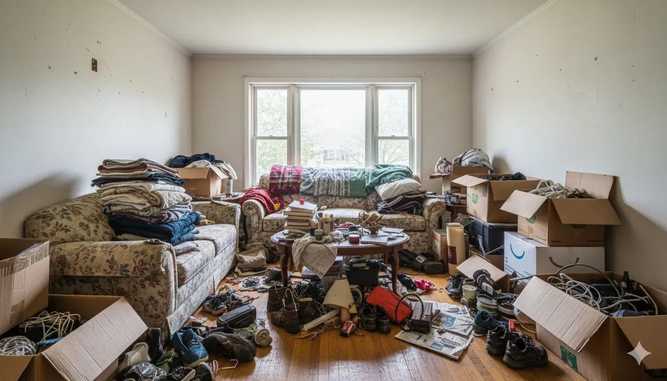 Living room cluttered with junk before removal